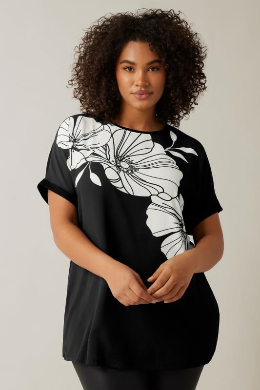 Evans EVANS Curve Black Contrast Floral Print T-Shirt