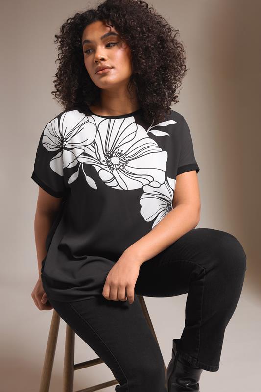 evans EVANS Curve Black Contrast Floral Print T-Shirt