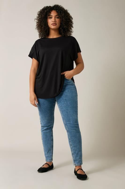 Evans EVANS Curve Black Crochet Shoulder Modal Rich T-Shirt