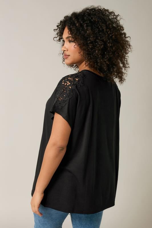 Evans EVANS Curve Black Crochet Shoulder Modal Rich T-Shirt