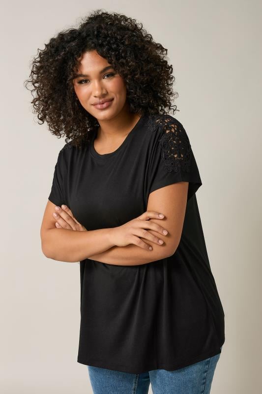 evans EVANS Curve Black Crochet Shoulder Modal Rich T-Shirt