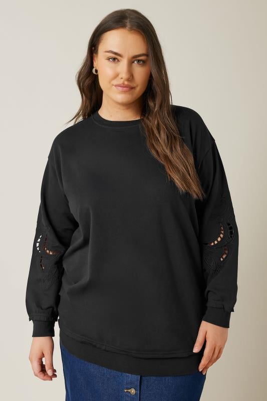 evans EVANS Curve Black Cutwork Crew Neck Sweatshirt