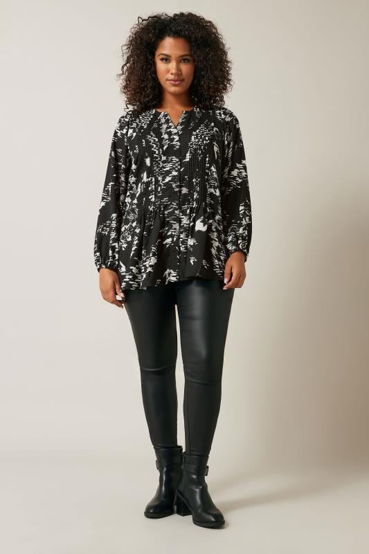 Evans EVANS Curve Black Dogtooth Print Pintuck Blouse