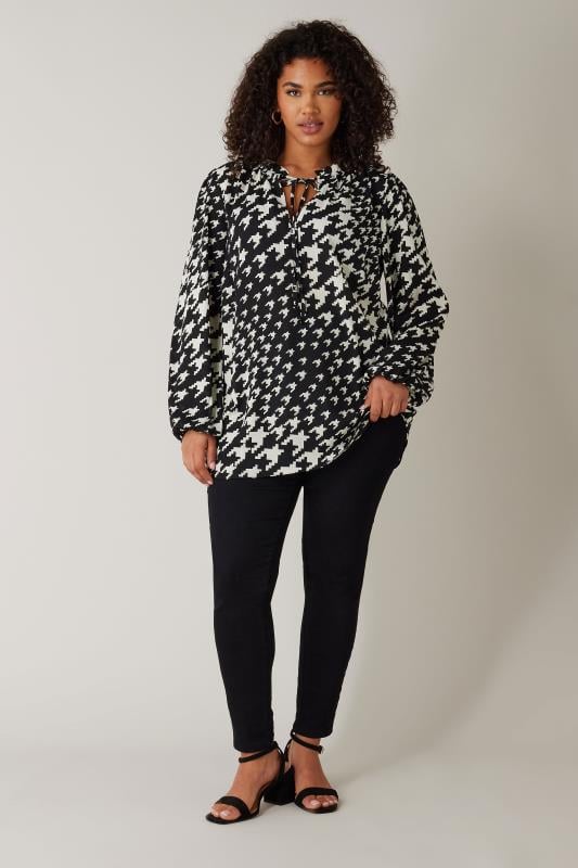 Evans EVANS Curve Black Dogtooth Print Tie Neck Blouse