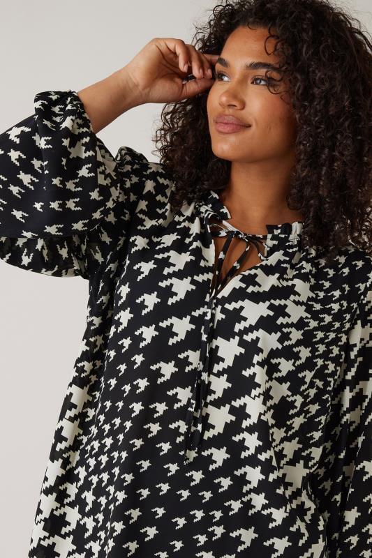 Evans EVANS Curve Black Dogtooth Print Tie Neck Blouse