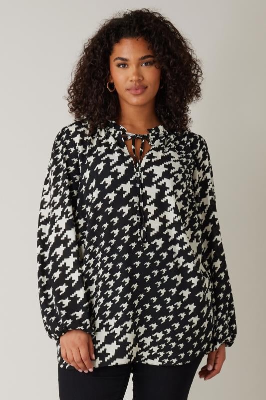 evans EVANS Curve Black Dogtooth Print Tie Neck Blouse