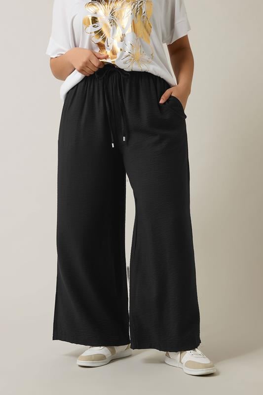 Evans EVANS Curve Black Elasticated Waist Wide Leg Trousers