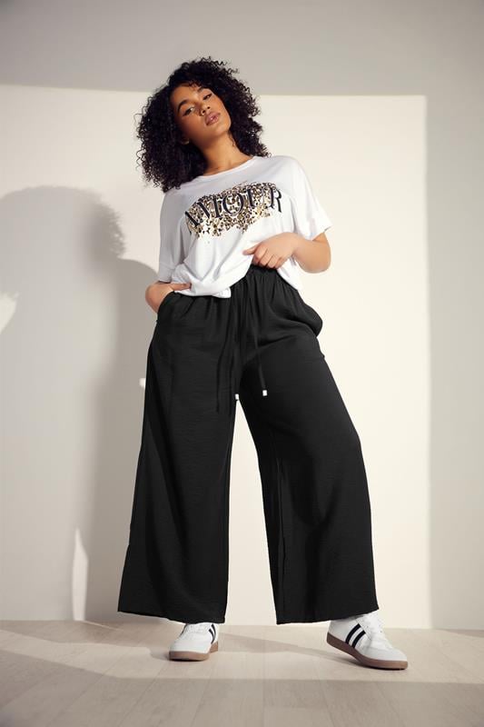evans EVANS Curve Black Elasticated Waist Wide Leg Trousers
