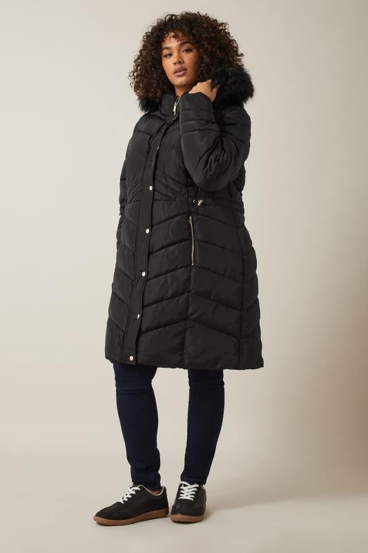 Evans EVANS Curve Black Faux Fur Trim Padded Parka Coat