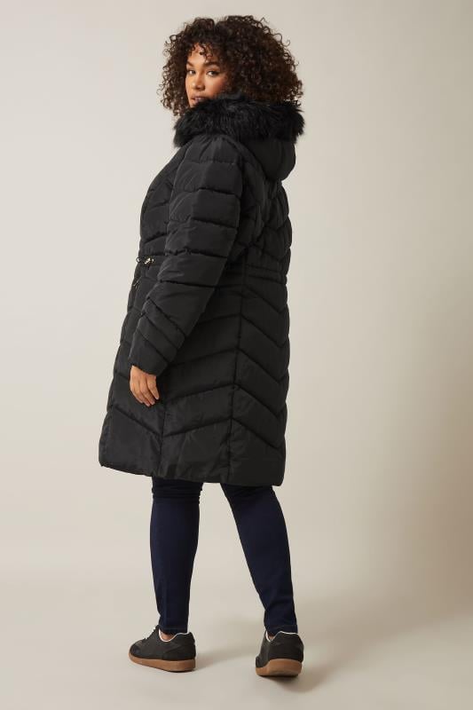 Evans EVANS Curve Black Faux Fur Trim Padded Parka Coat
