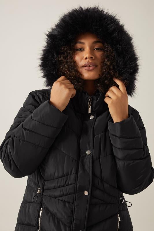 Evans EVANS Curve Black Faux Fur Trim Padded Parka Coat