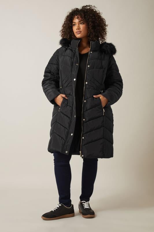 evans EVANS Curve Black Faux Fur Trim Padded Parka Coat