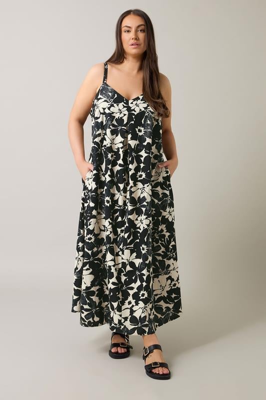 Evans EVANS Curve Black Floral Print Pleat Front Linen Dress
