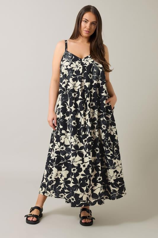 Evans EVANS Curve Black Floral Print Pleat Front Linen Dress