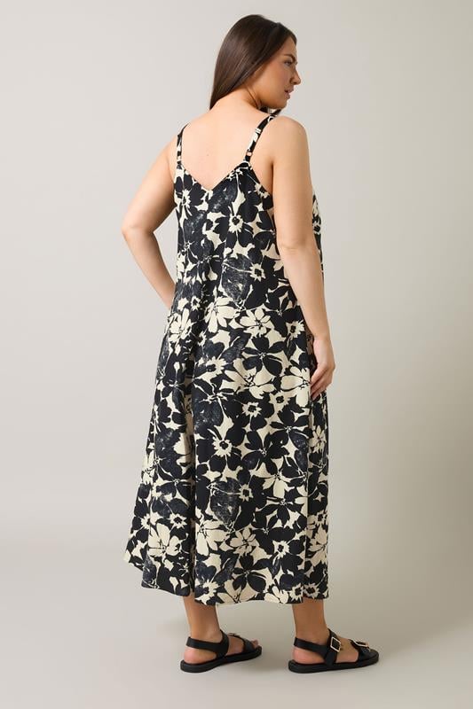 Evans EVANS Curve Black Floral Print Pleat Front Linen Dress
