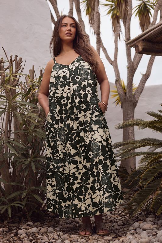 evans EVANS Curve Black Floral Print Pleat Front Linen Dress