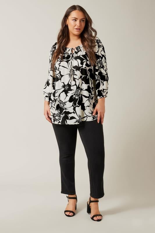 Evans EVANS Curve Black Floral Print Tie Neck Blouse