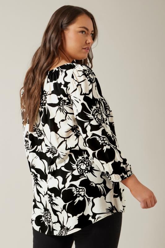 Evans EVANS Curve Black Floral Print Tie Neck Blouse