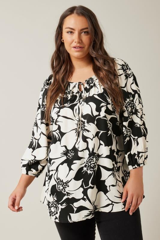 Evans EVANS Curve Black Floral Print Tie Neck Blouse