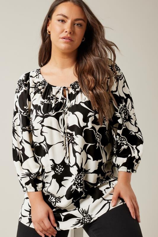 evans EVANS Curve Black Floral Print Tie Neck Blouse