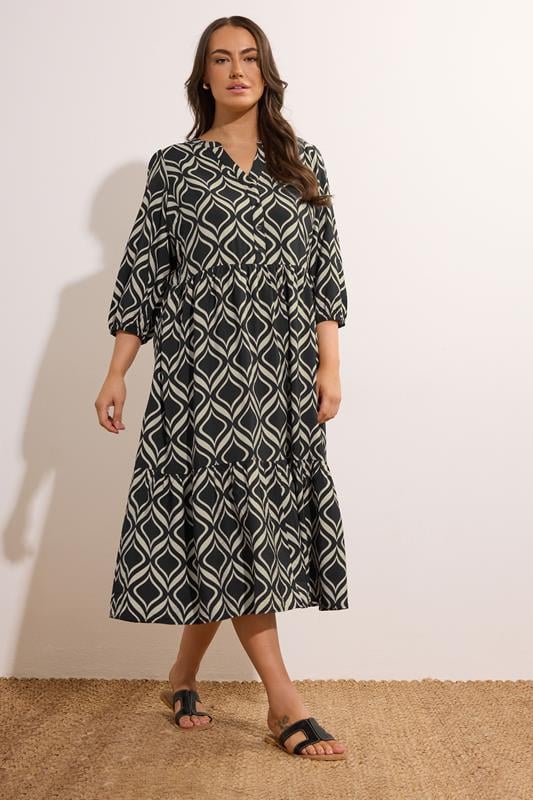 Evans EVANS Curve Black Geometric Print Tiered Midi Dress