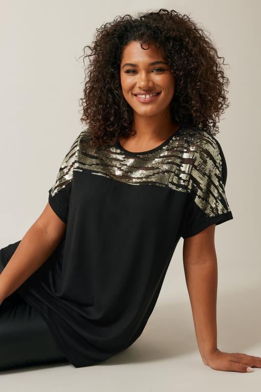 Evans EVANS Curve Black & Gold Sequin Embellished T-Shirt