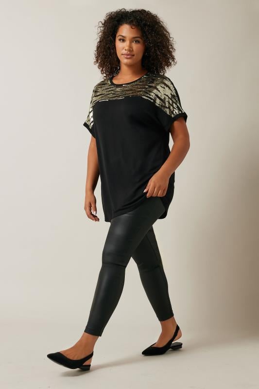 Evans EVANS Curve Black & Gold Sequin Embellished T-Shirt
