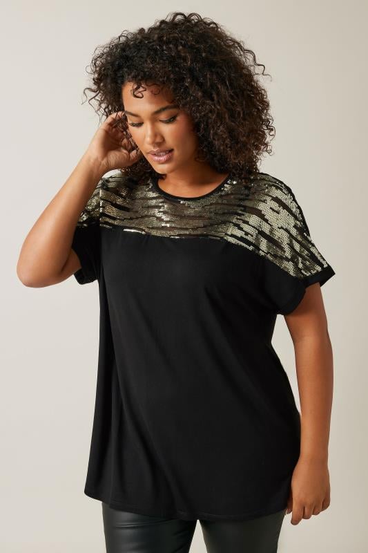 evans EVANS Curve Black & Gold Sequin Embellished T-Shirt