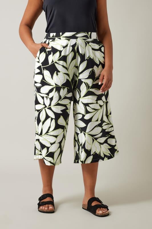 evans EVANS Curve Black Leaf Print Cropped Pocket Culottes