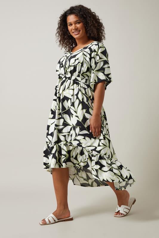 Evans EVANS Curve Black Leaf Print Dipped Hem Midi Dress