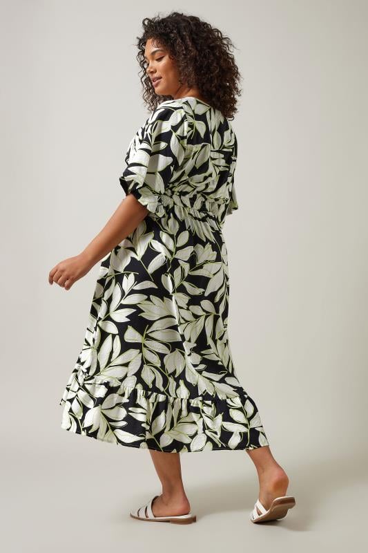 Evans EVANS Curve Black Leaf Print Dipped Hem Midi Dress