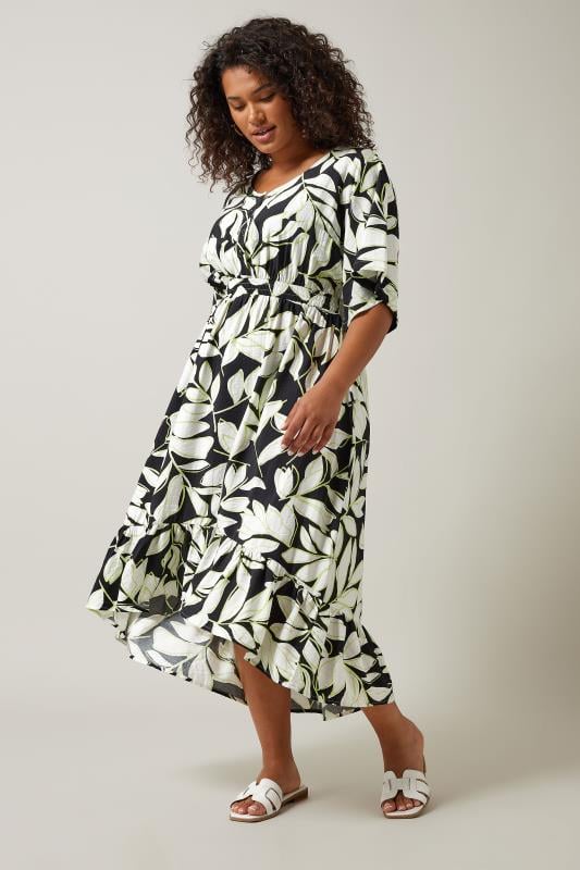 evans EVANS Curve Black Leaf Print Dipped Hem Midi Dress
