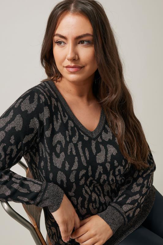 Evans EVANS Curve Black Leopard Print Metallic Knitted Jumper