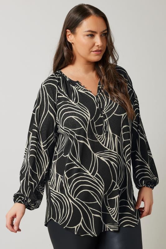 Evans EVANS Curve Black Linear Print Long Sleeve Blouse