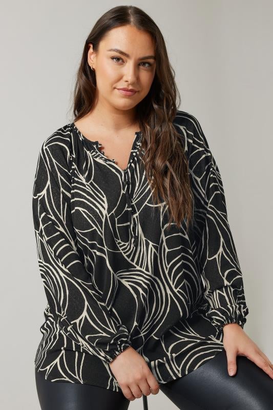 evans EVANS Curve Black Linear Print Long Sleeve Blouse