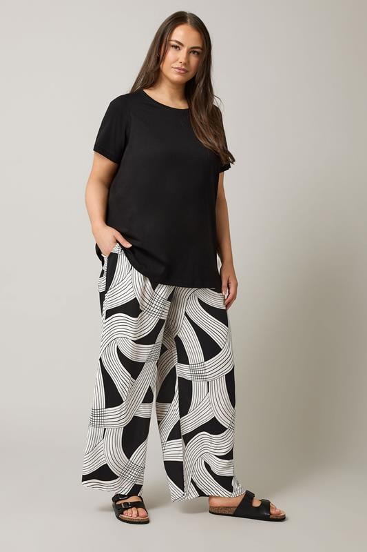 evans EVANS Curve Black Linear Print Wide Leg Trousers
