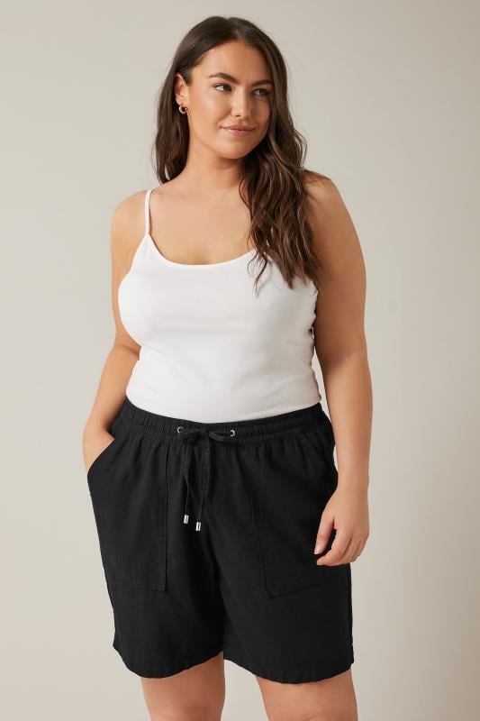 Evans EVANS Curve Black Linen Drawstring Tie Shorts