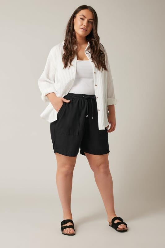 Evans EVANS Curve Black Linen Drawstring Tie Shorts
