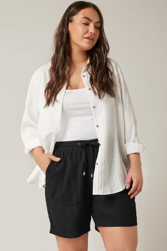 evans EVANS Curve Black Linen Drawstring Tie Shorts