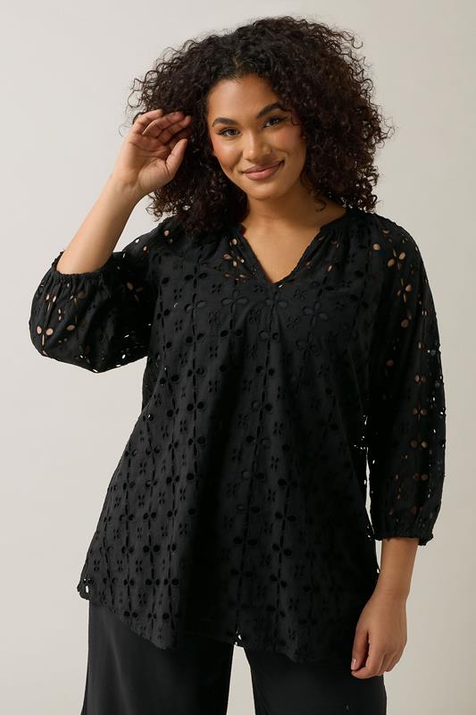 evans EVANS Curve Black Long Sleeve Broderie Blouse