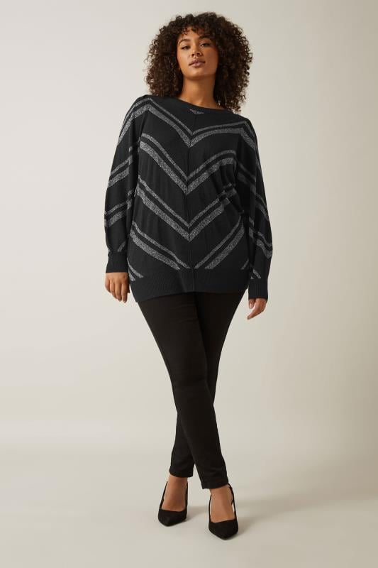 Evans EVANS Curve Black Metallic Chevron Knitted Jumper