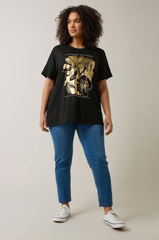 Evans EVANS Curve Black Metallic Floral Print Modal Rich T-Shirt