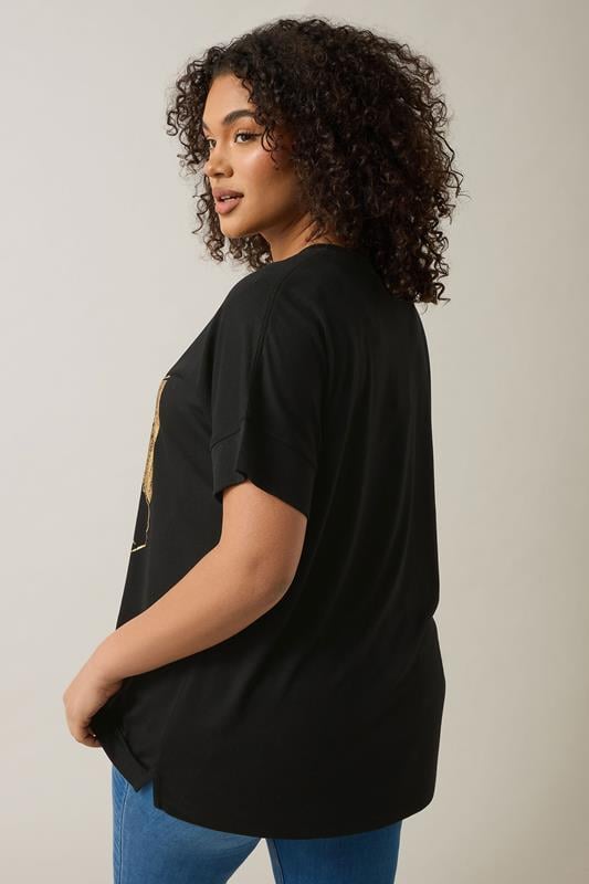 Evans EVANS Curve Black Metallic Floral Print Modal Rich T-Shirt