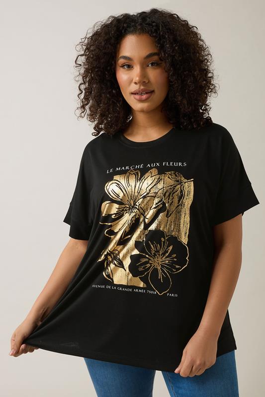 evans EVANS Curve Black Metallic Floral Print Modal Rich T-Shirt