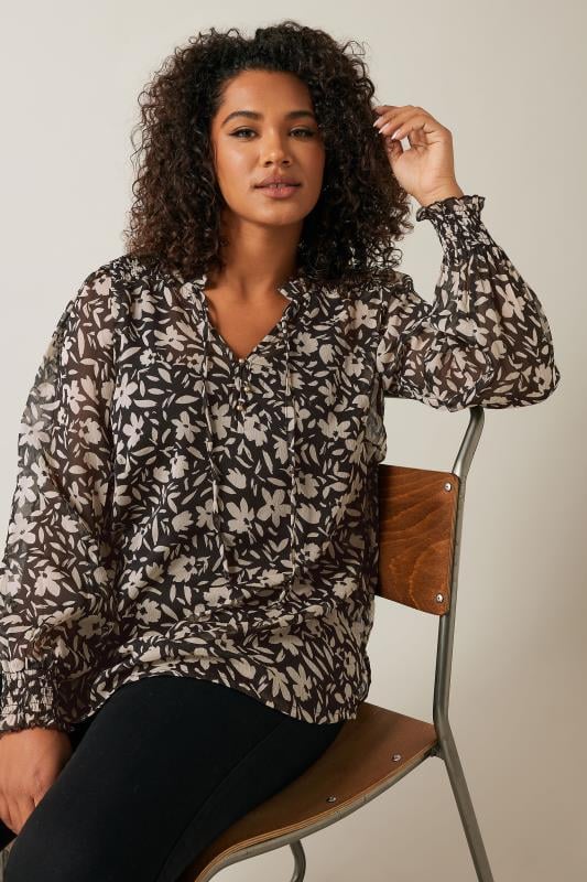 Evans EVANS Curve Black & Natural Brown Floral Print Tie Neck Blouse