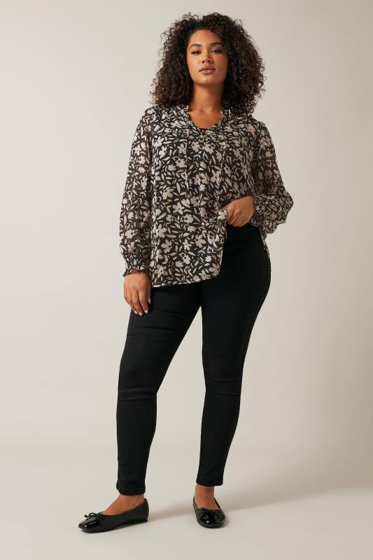 Evans EVANS Curve Black & Natural Brown Floral Print Tie Neck Blouse