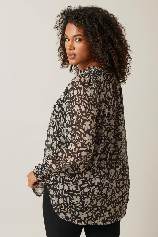 Evans EVANS Curve Black & Natural Brown Floral Print Tie Neck Blouse