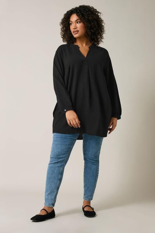 Evans EVANS Curve Black Notch Neck Long Sleeve Blouse