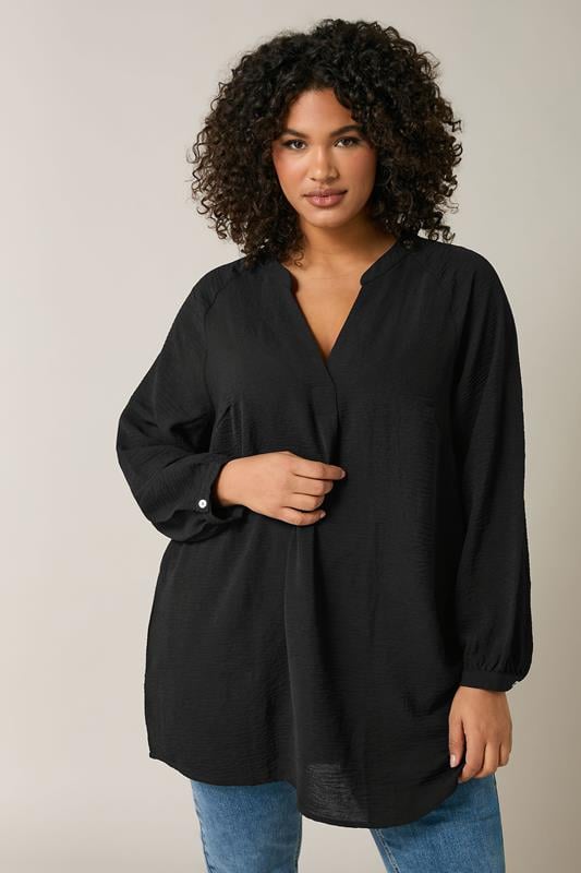 evans EVANS Curve Black Notch Neck Long Sleeve Blouse