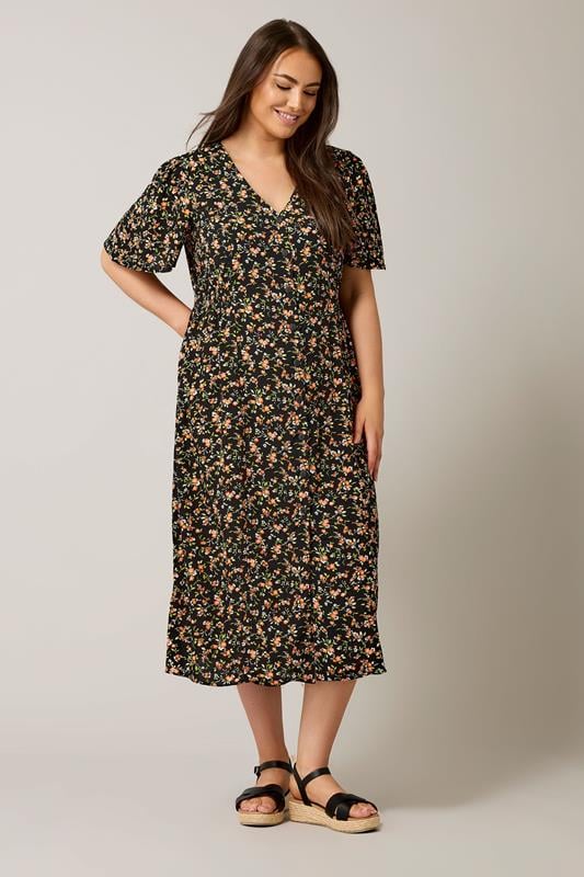 Evans EVANS Curve Black & Orange Floral Print Midi Dress